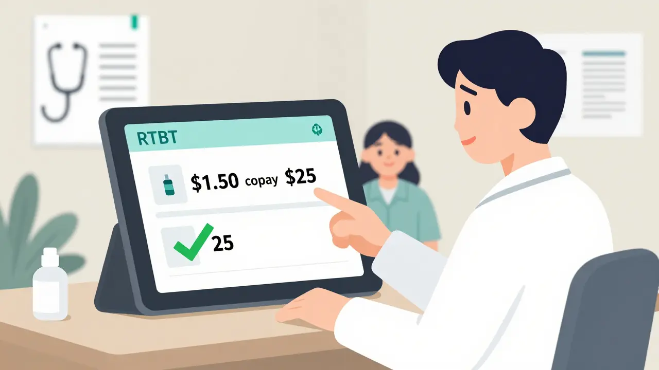 Doctor showing patient a real-time prescription cost comparison on a tablet during a clinic visit.