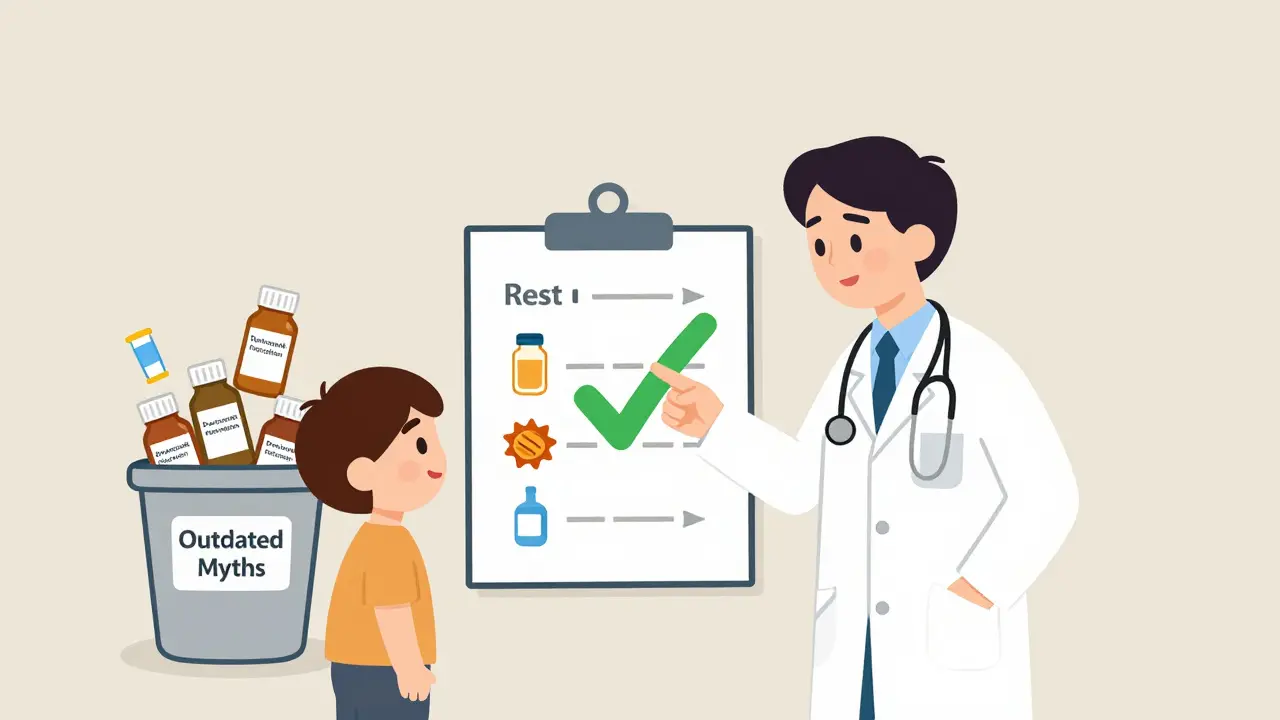 Doctor showing safe cold care options while outdated medicine bottles are discarded