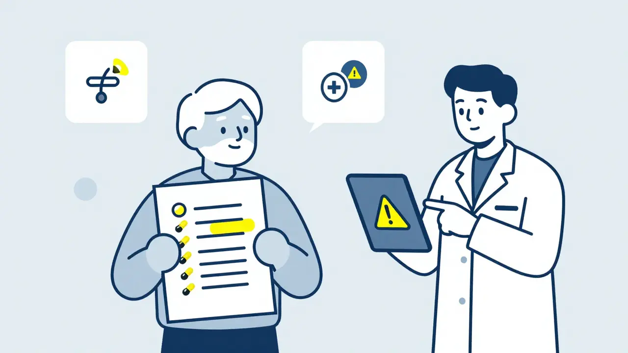 Elderly person and pharmacist reviewing a medication list with warning icons floating nearby.