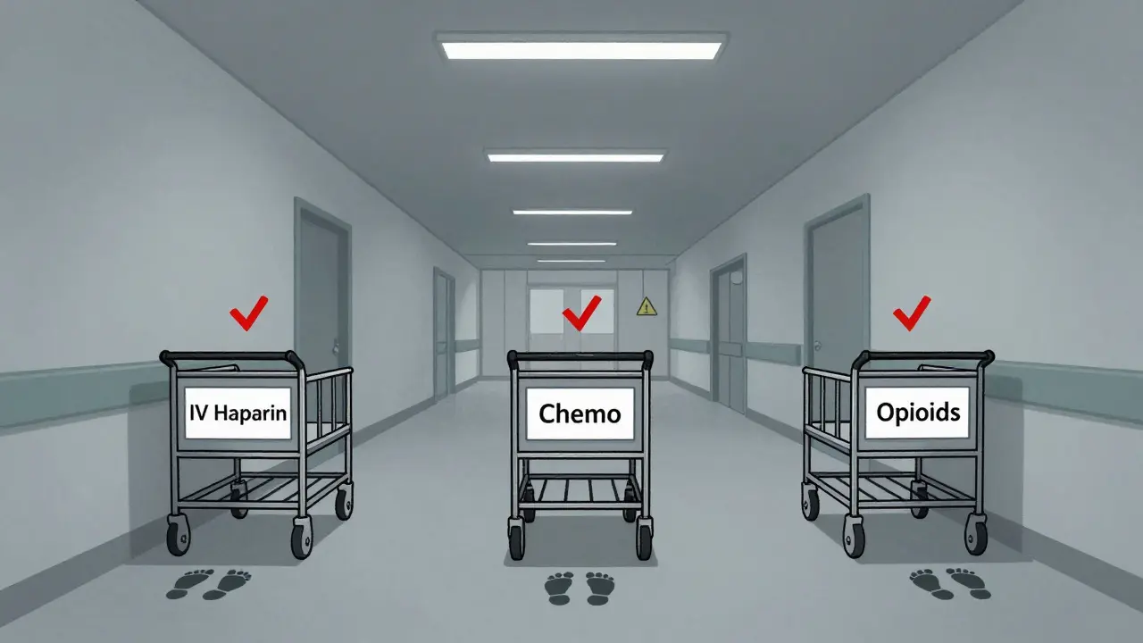 Empty gurneys labeled with high-risk medications in a quiet hospital hallway at night.