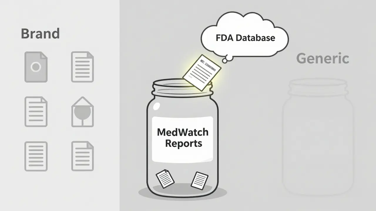 Empty MedWatch jar with one glowing report rising toward FDA database, generic vs brand contrast.
