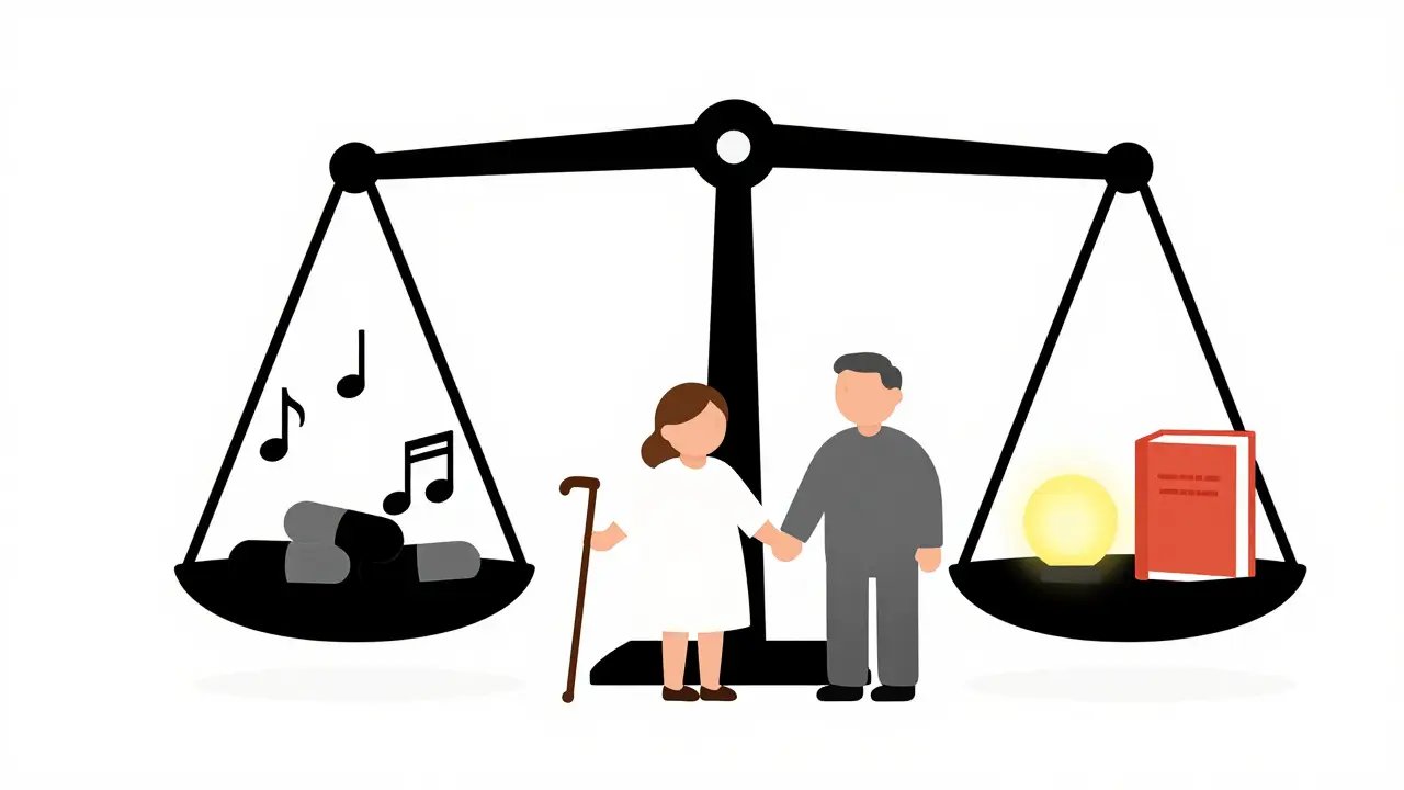 Family beside scale comparing pills to music, nightlight, and walking cane.