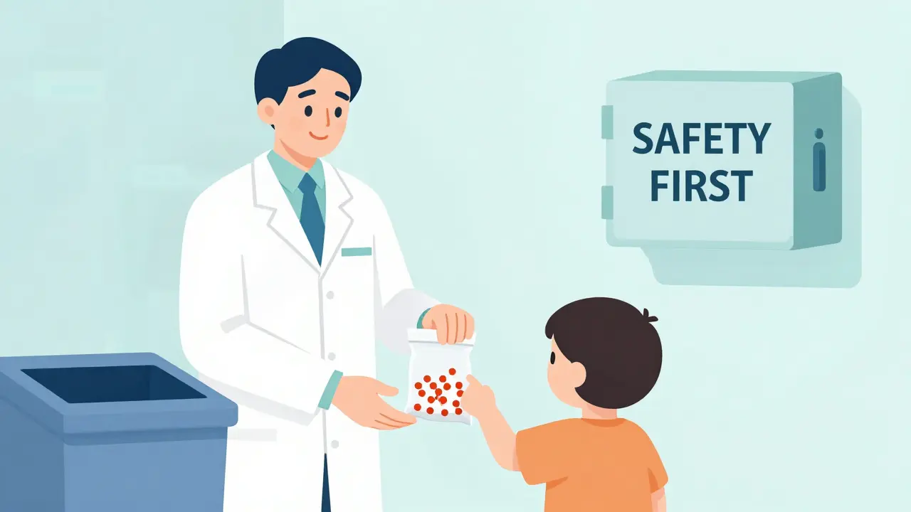 Family disposing of expired meds at pharmacy drop-off bin with child pointing to safety box.