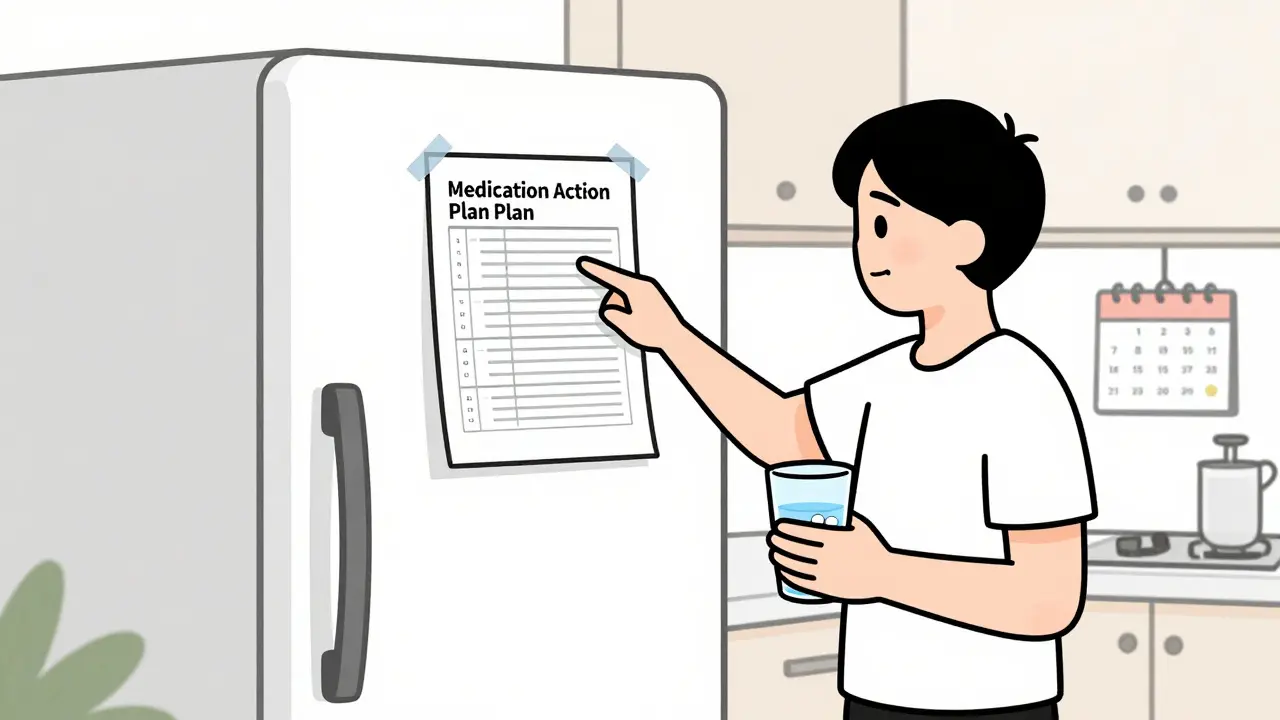 Medication action plan taped to a fridge with family member reviewing it.