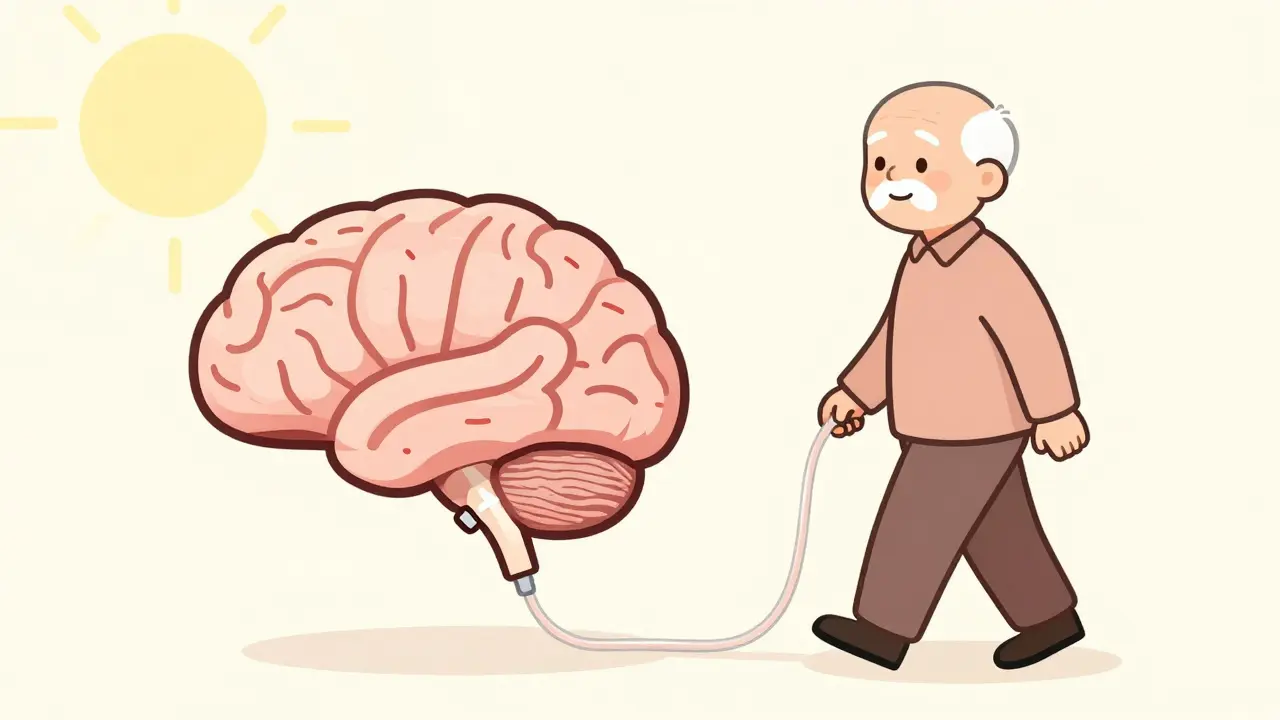 Minimalist shunt device with person walking confidently, symbolizing successful NPH treatment.