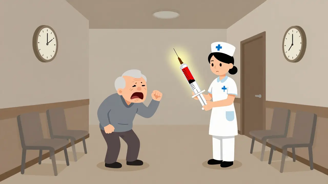 Nurse holding syringe with FDA warning in dim nursing home hallway at 3 a.m.