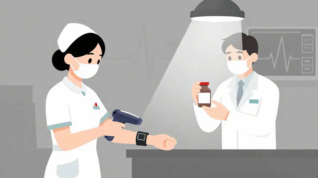 Nurse scanning wristband while pharmacist checks concentrated potassium chloride vial.