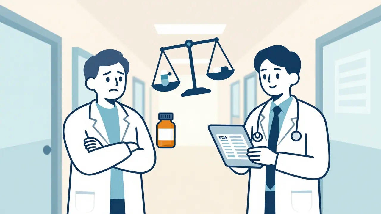 Older and younger doctor contrast over generic medication beliefs in clinic hallway