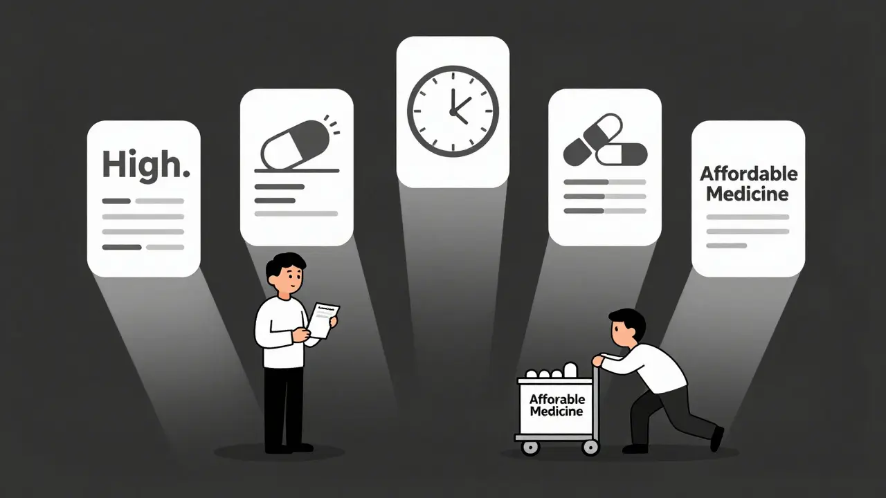 Patient between high and low drug prices, broken clock and big pharma shadows blocking progress.