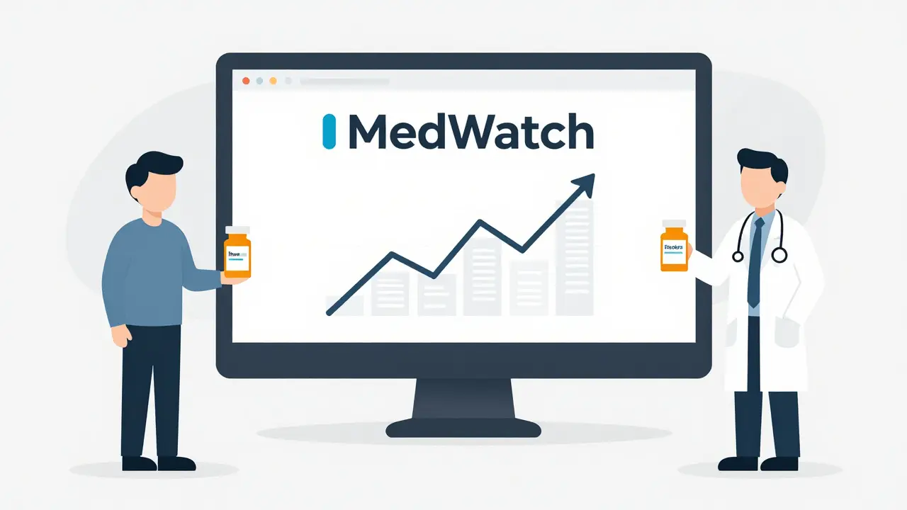 Patient, pharmacist, and doctor beside generic pill bottles with manufacturer logos near MedWatch screen.
