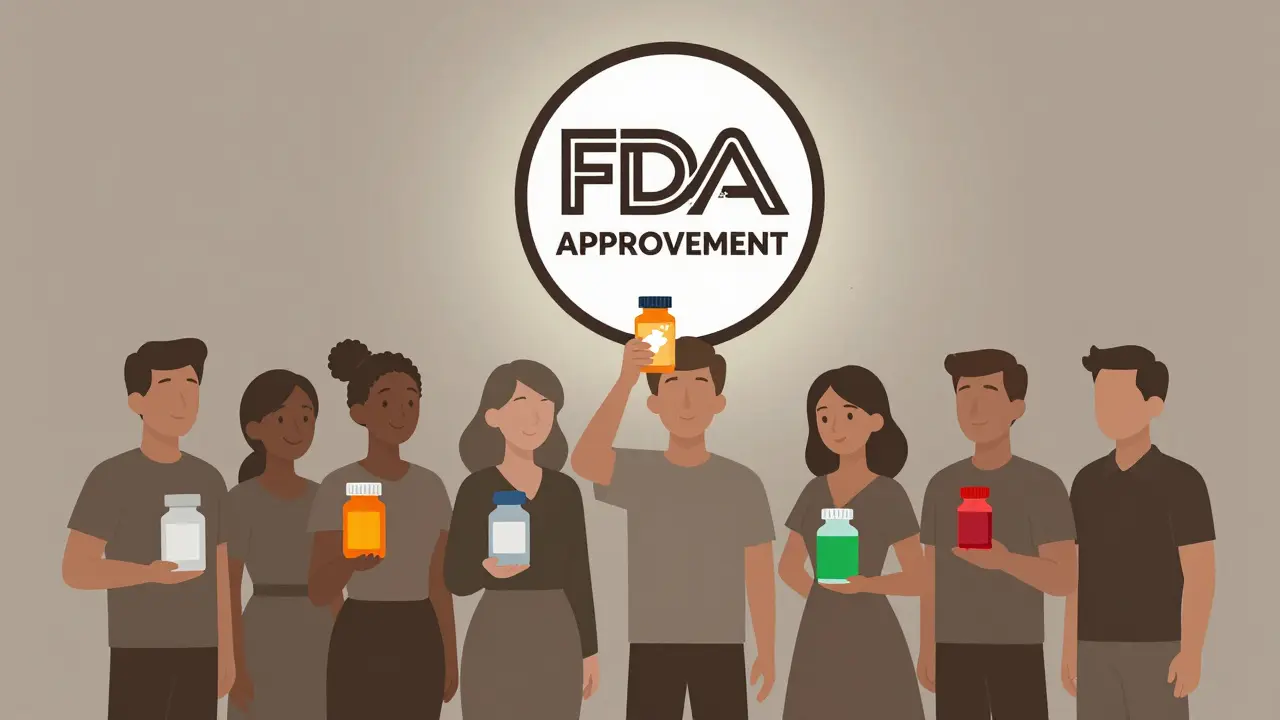 People holding different generic pill bottles under an FDA approval stamp, with subtle health icons in the background.