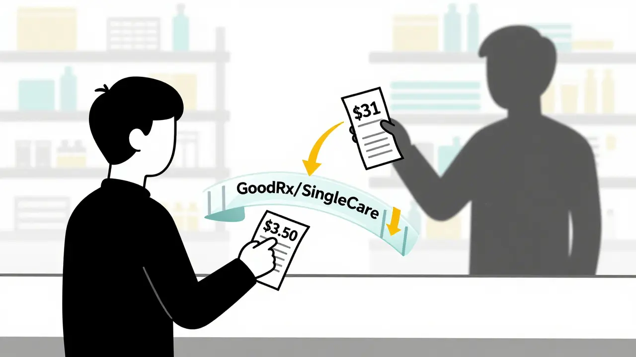 Person pays .50 for medication while another pays , connected by a transparency bridge.