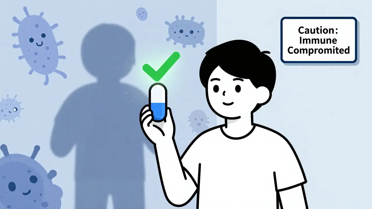 Person taking probiotic with friendly bacteria blocking harmful C. diff, subtle warning sign.