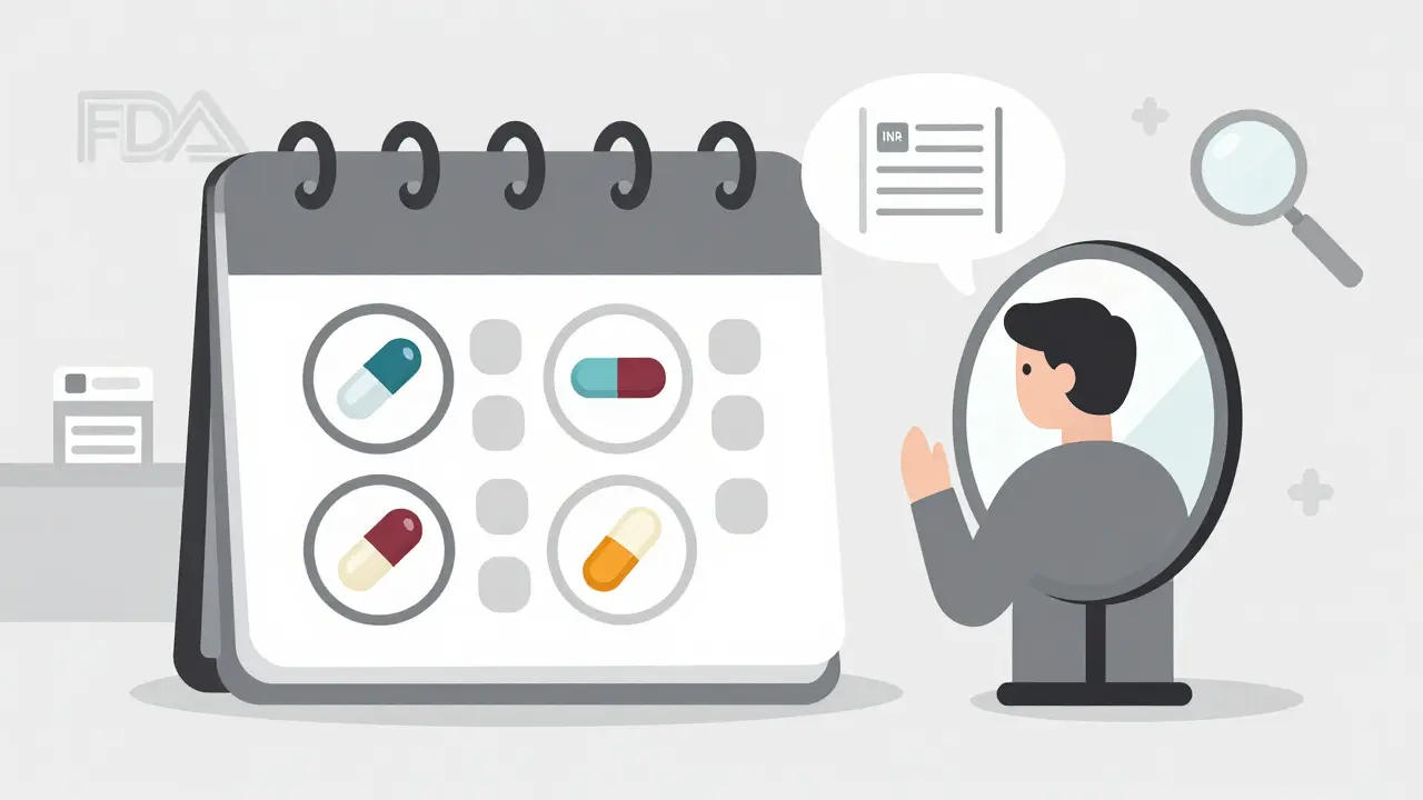 Person tracking pill changes on a calendar with lab results showing stable health.