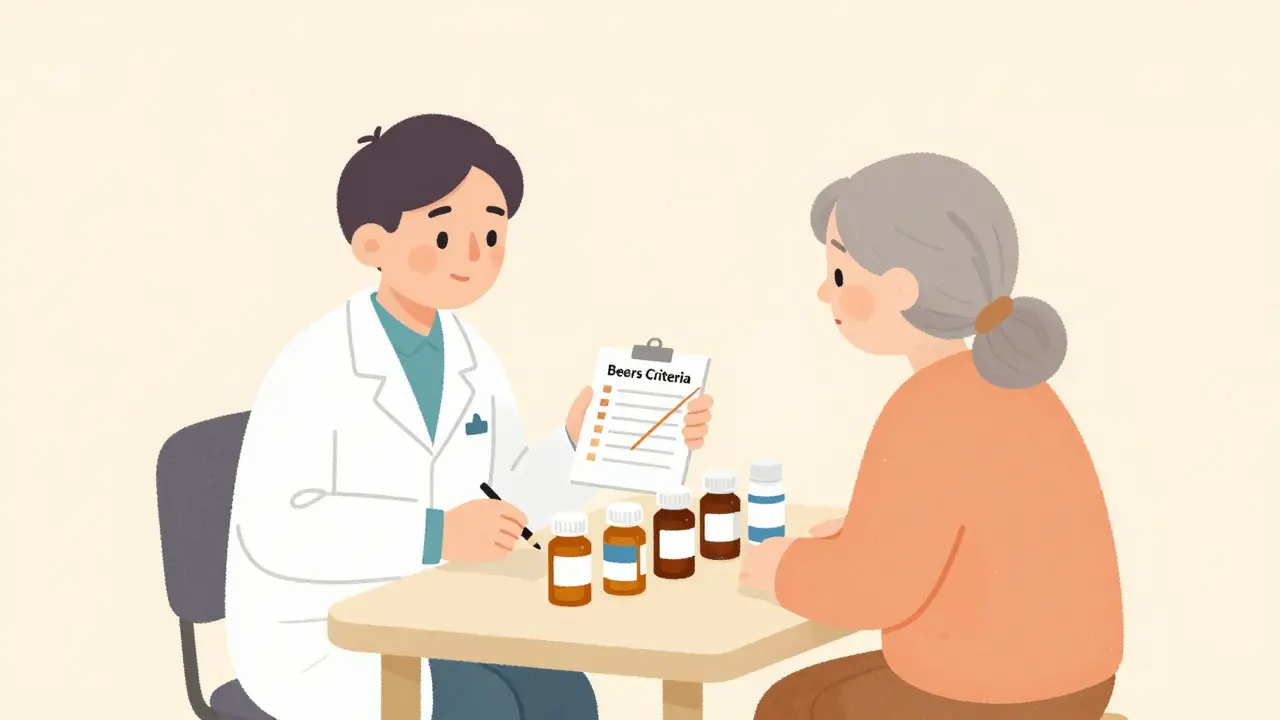 Pharmacist and older adult reviewing medications with a Beers Criteria checklist.