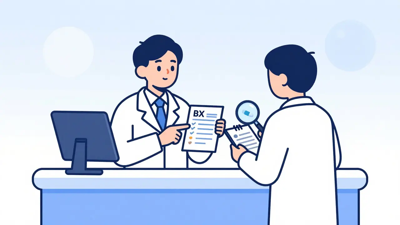 Pharmacist showing BX rating on prescription to patient with notebook