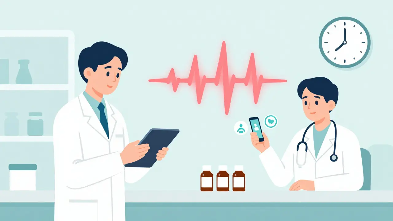 Pharmacy team using tablets to verify recalls and notify patients at night.