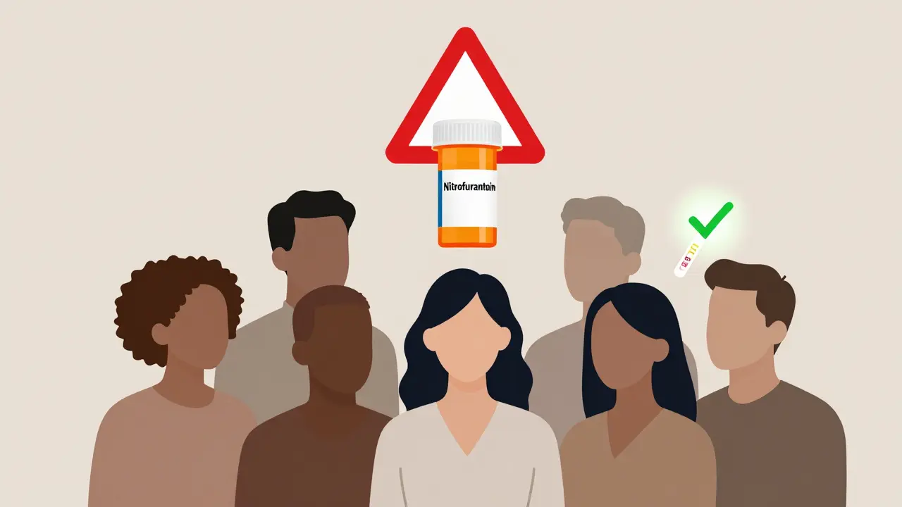 Prescription bottle above diverse silhouettes with a warning triangle and G6PD test checkmark.