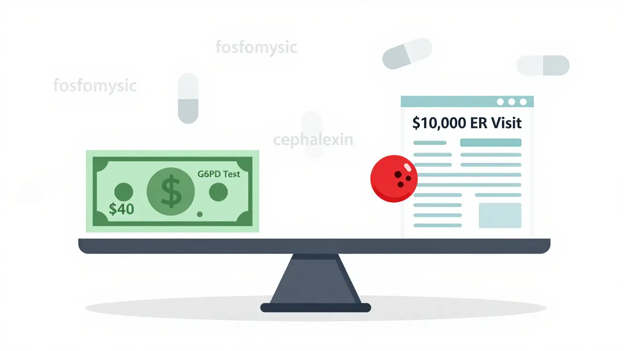 Scale balancing a  test against a ,000 hospital bill, with a red blood cell tipping it toward the test.
