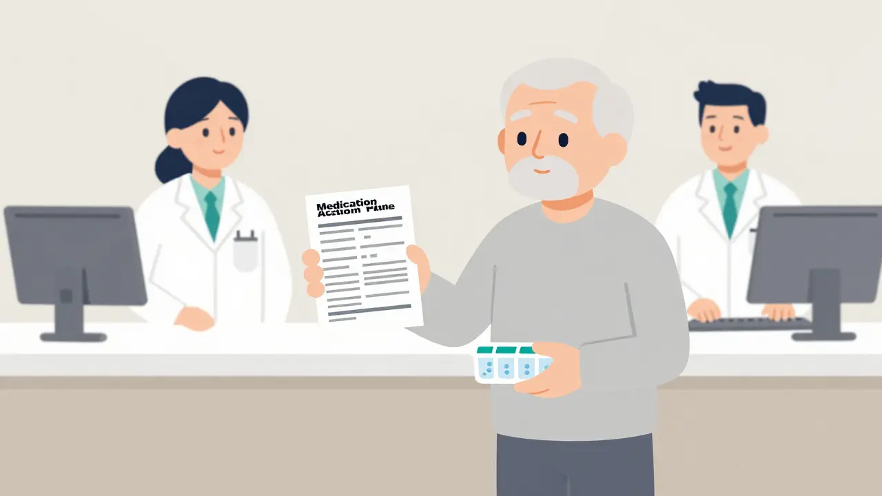 Senior holding a laminated medication plan at a pharmacy counter.