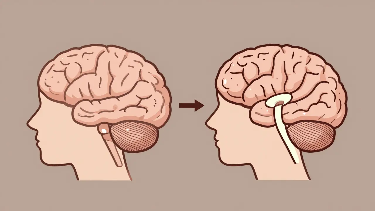 Side-by-side brain illustrations showing enlarged ventricles versus normal, representing CSF buildup.