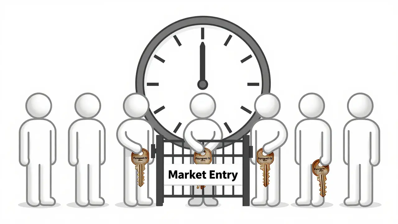 Six generic companies with keys, only three unlocking market entry, clock ticking behind.
