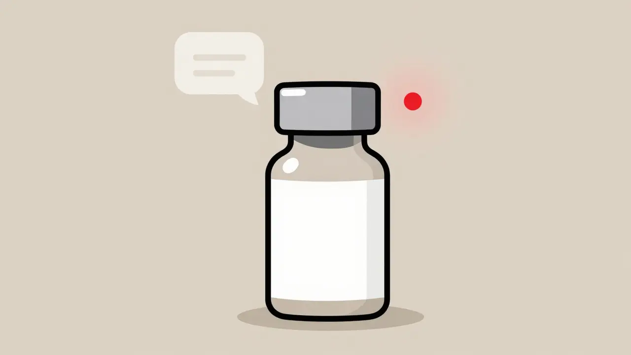 Smart cap on a medicine bottle with a subtle red alert light, no phone or app shown.