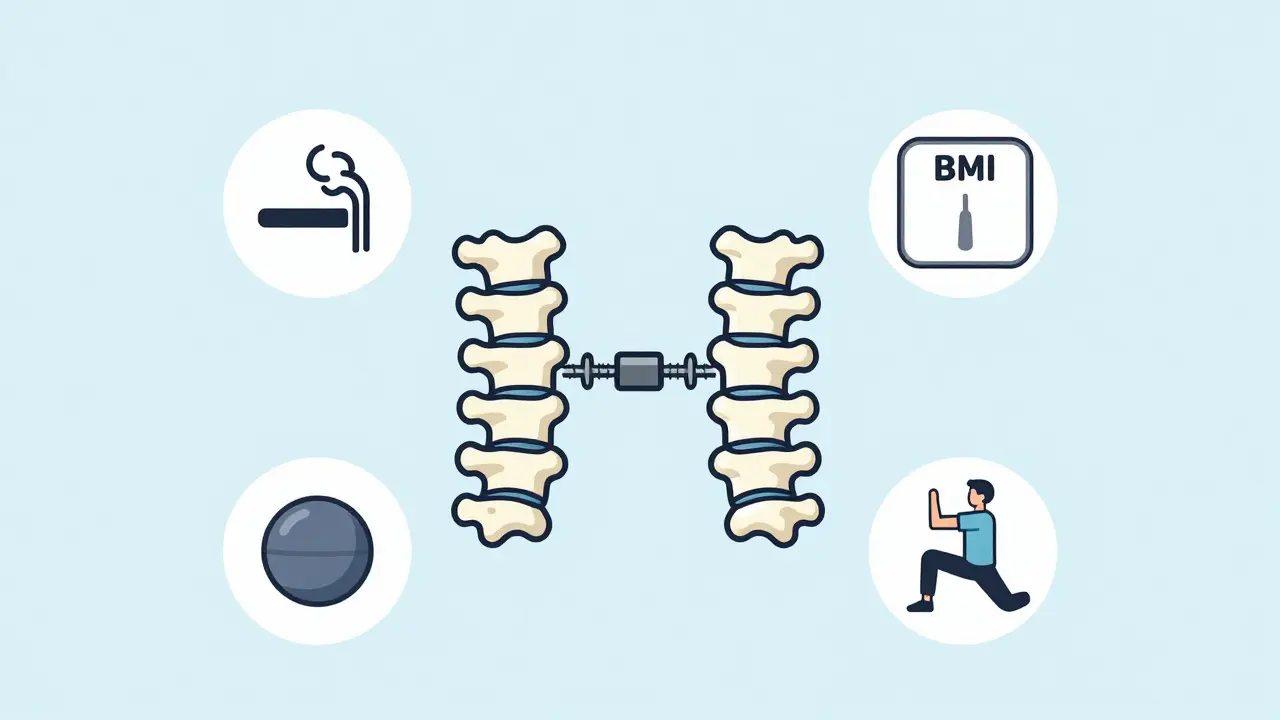 Spinal fusion with icons for risk factors and rehab exercises in minimalist style.
