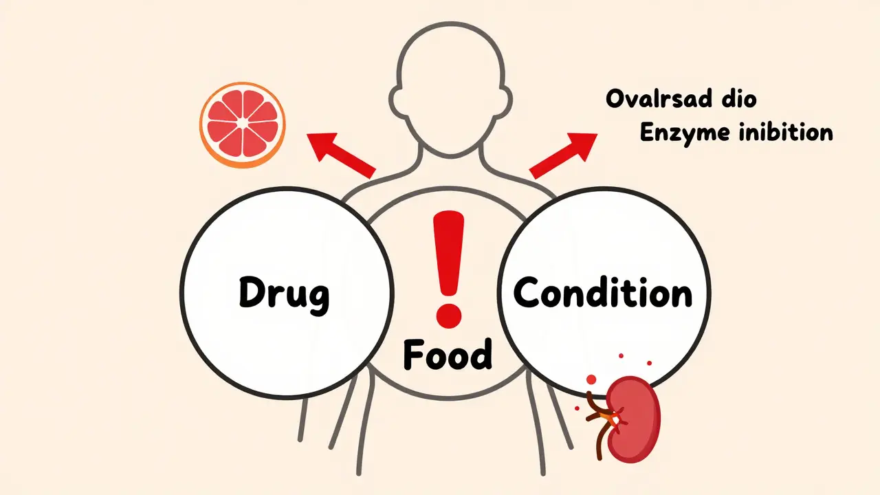 Three interacting circles showing drug, food, and condition conflicts inside a body outline.