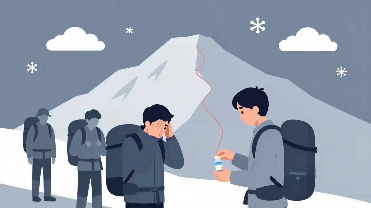 Trekkers at high altitude, one experiencing altitude sickness while receiving emergency medication.