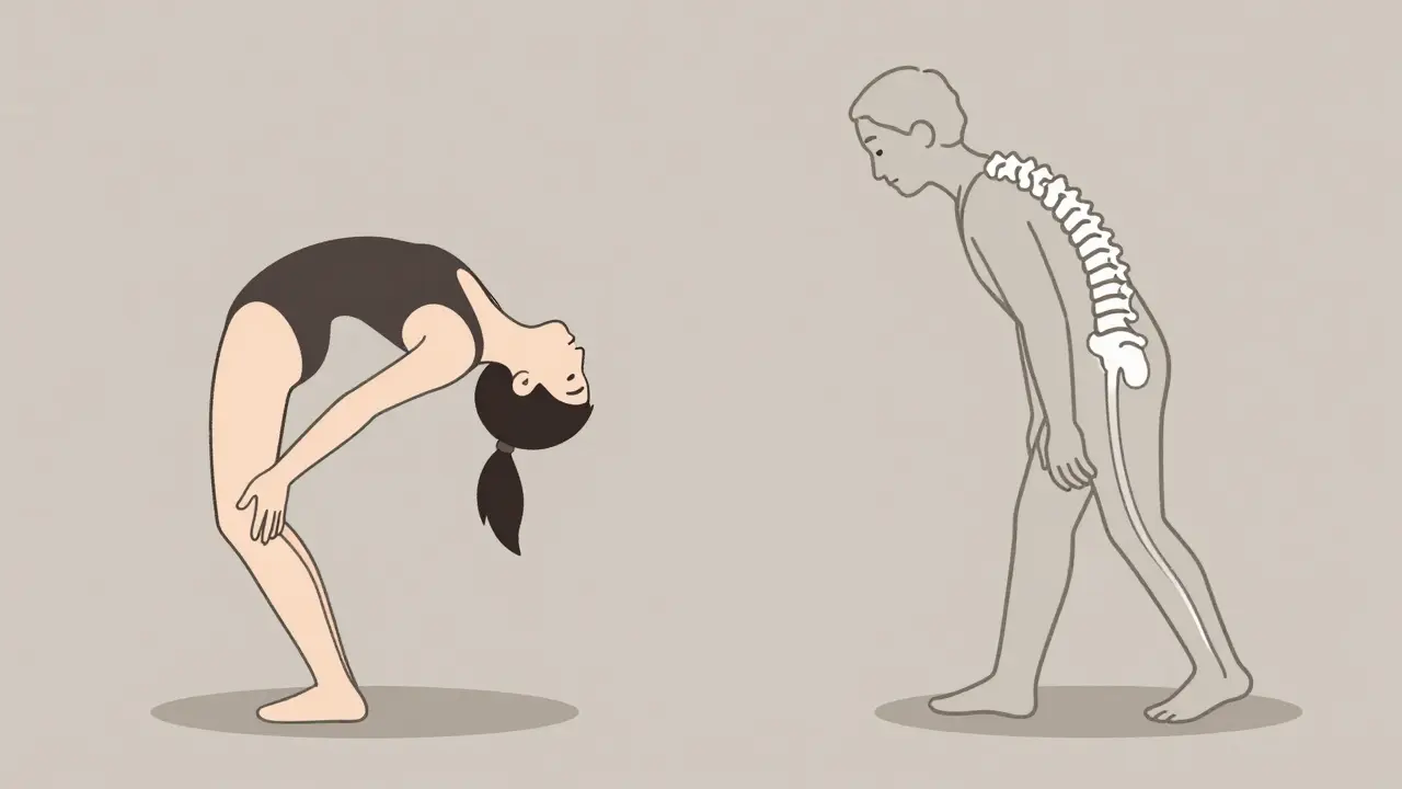 Two figures showing causes of spondylolisthesis: athlete and older walker with spine changes.