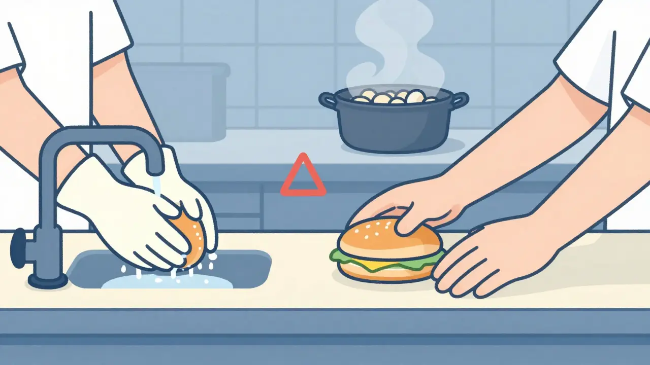 Two hands near a sandwich bun in a kitchen, one clean and one contaminated, in minimalist illustration.