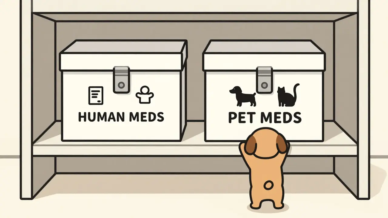 Two locked storage boxes on high shelf, labeled for human and pet medications.