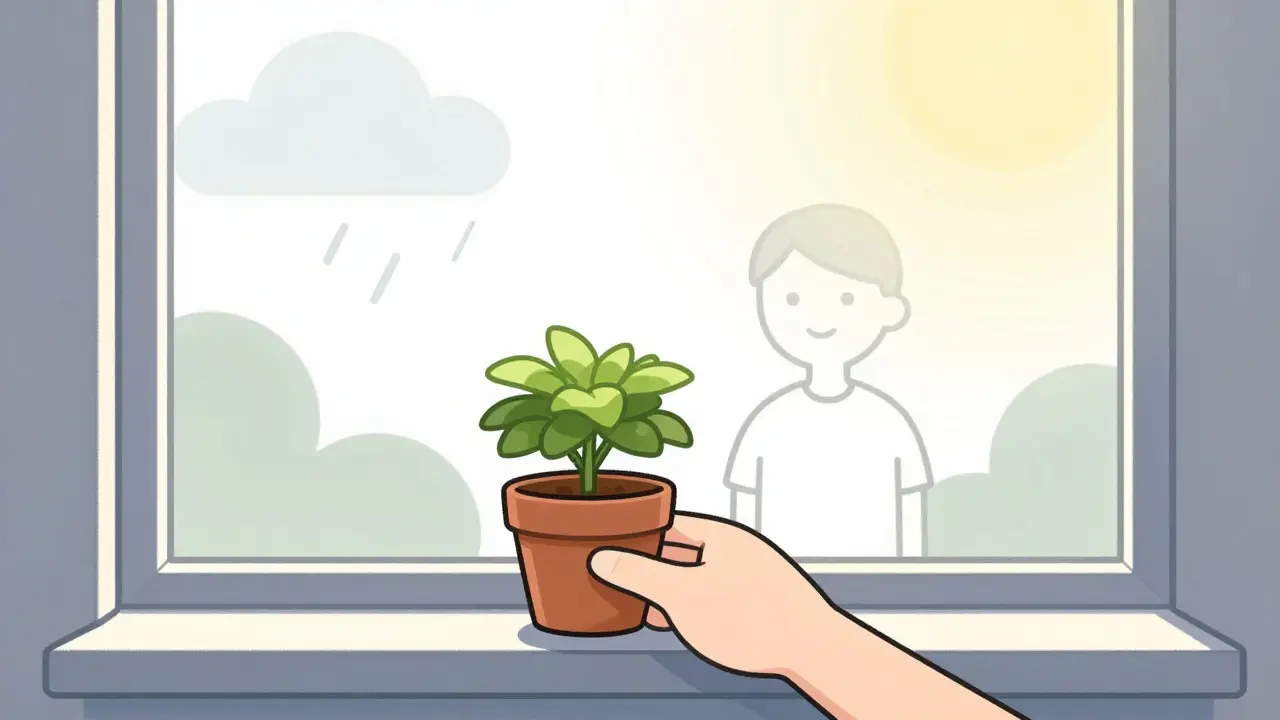 A hand placing a plant on a windowsill as a silhouette looks out with quiet hope.