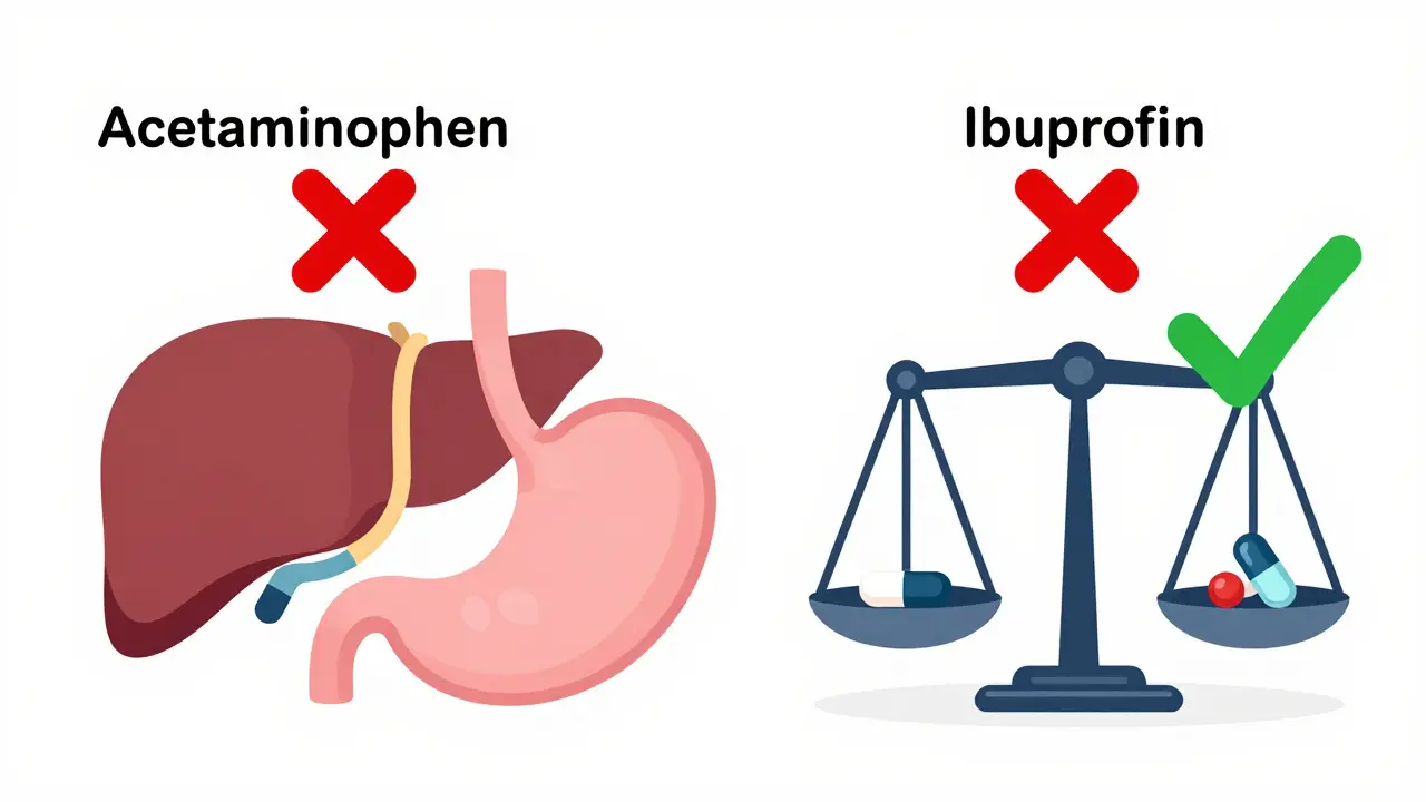 A liver and stomach with warning signs over NSAIDs and acetaminophen, balanced by a scale showing low doses.