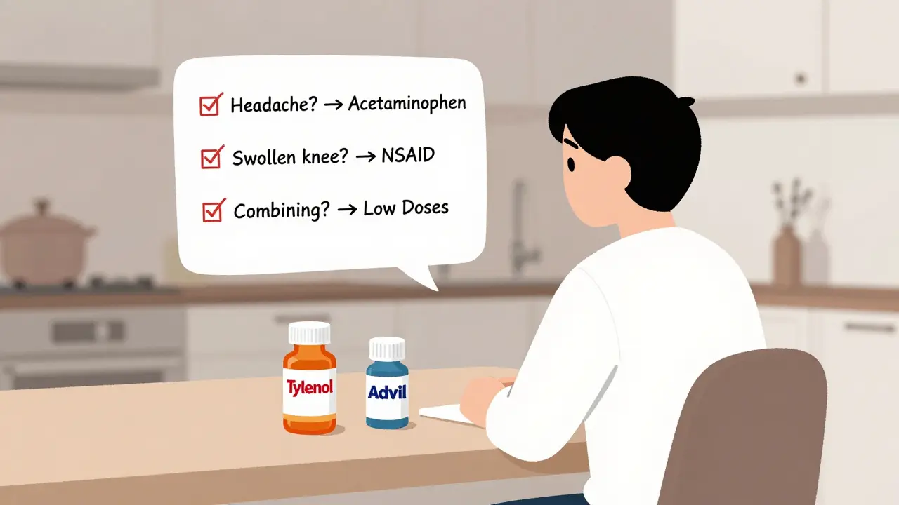 A person at a table with two medicine bottles and a simple checklist guiding pain relief choices.