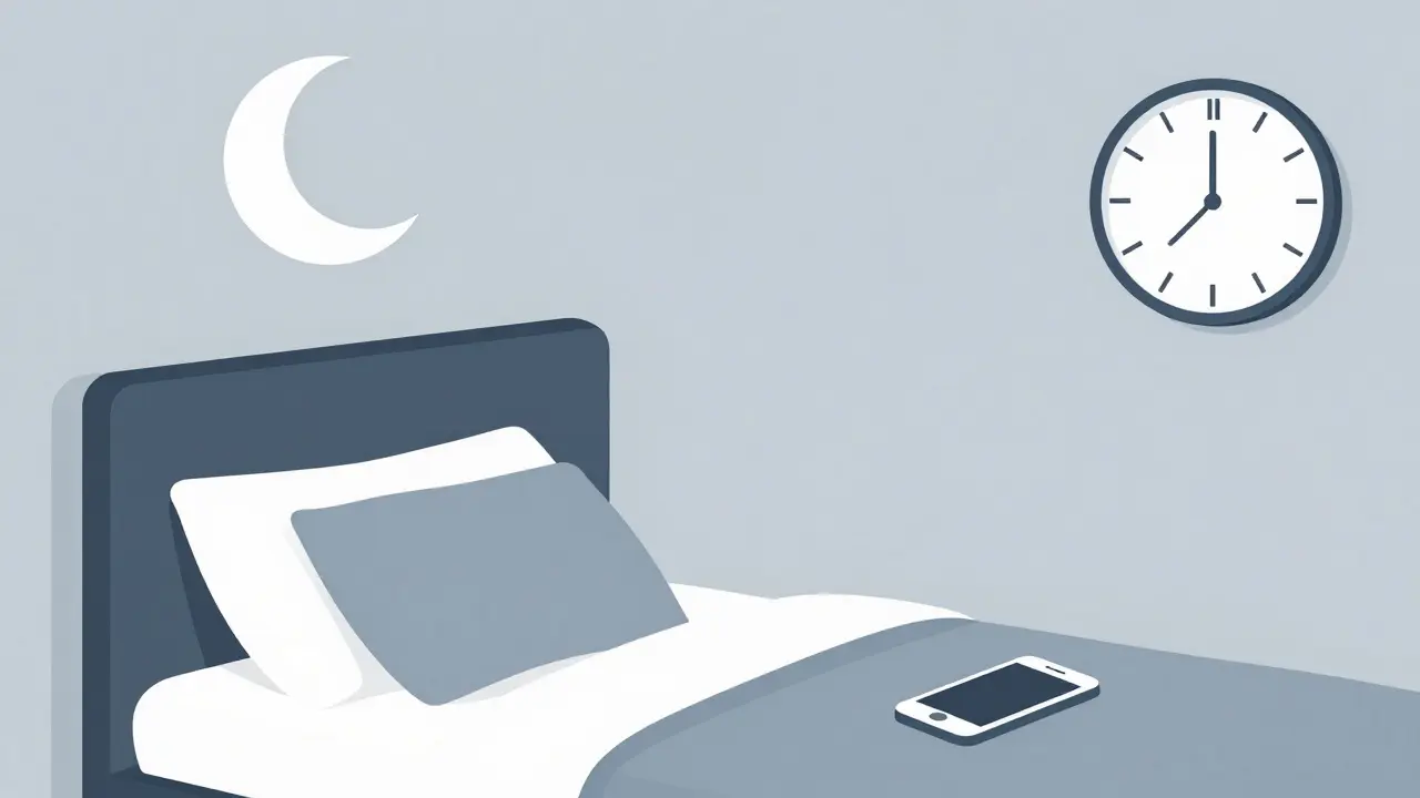 Bedroom with moon, clock, and turned-off phone for sleep hygiene