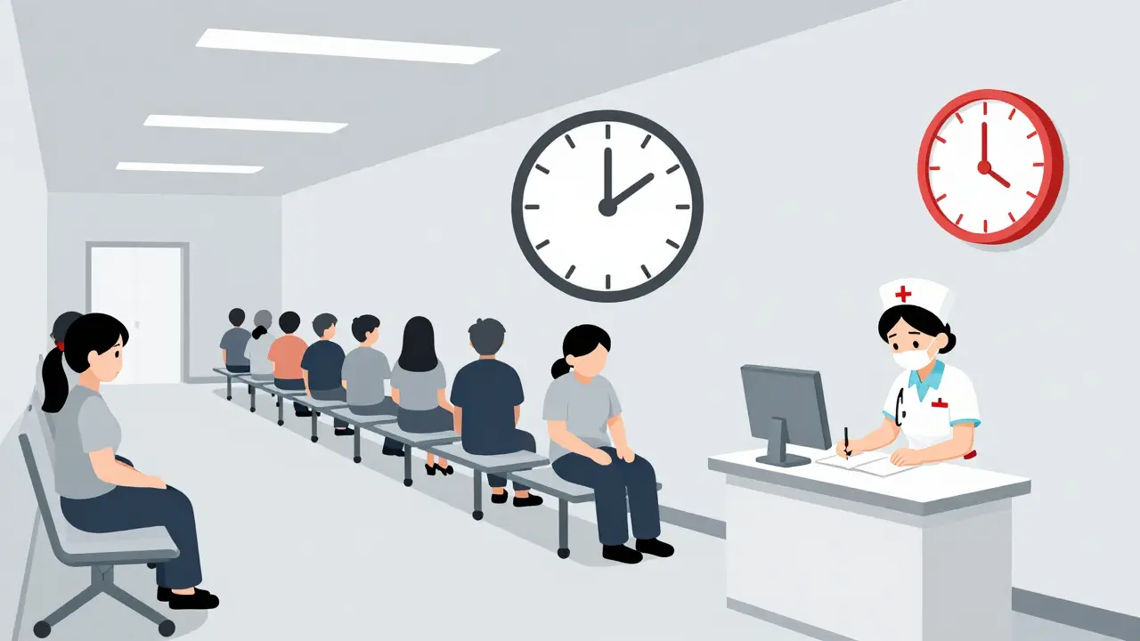 ER with long wait clock and exhausted nurse in minimalist scene