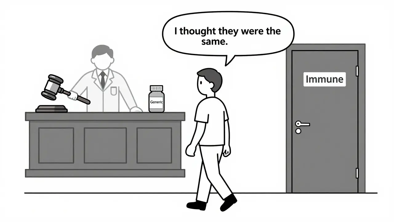 Patient leaves clinic with generic drug bottle while doctor is pulled into courtroom, manufacturer shielded.