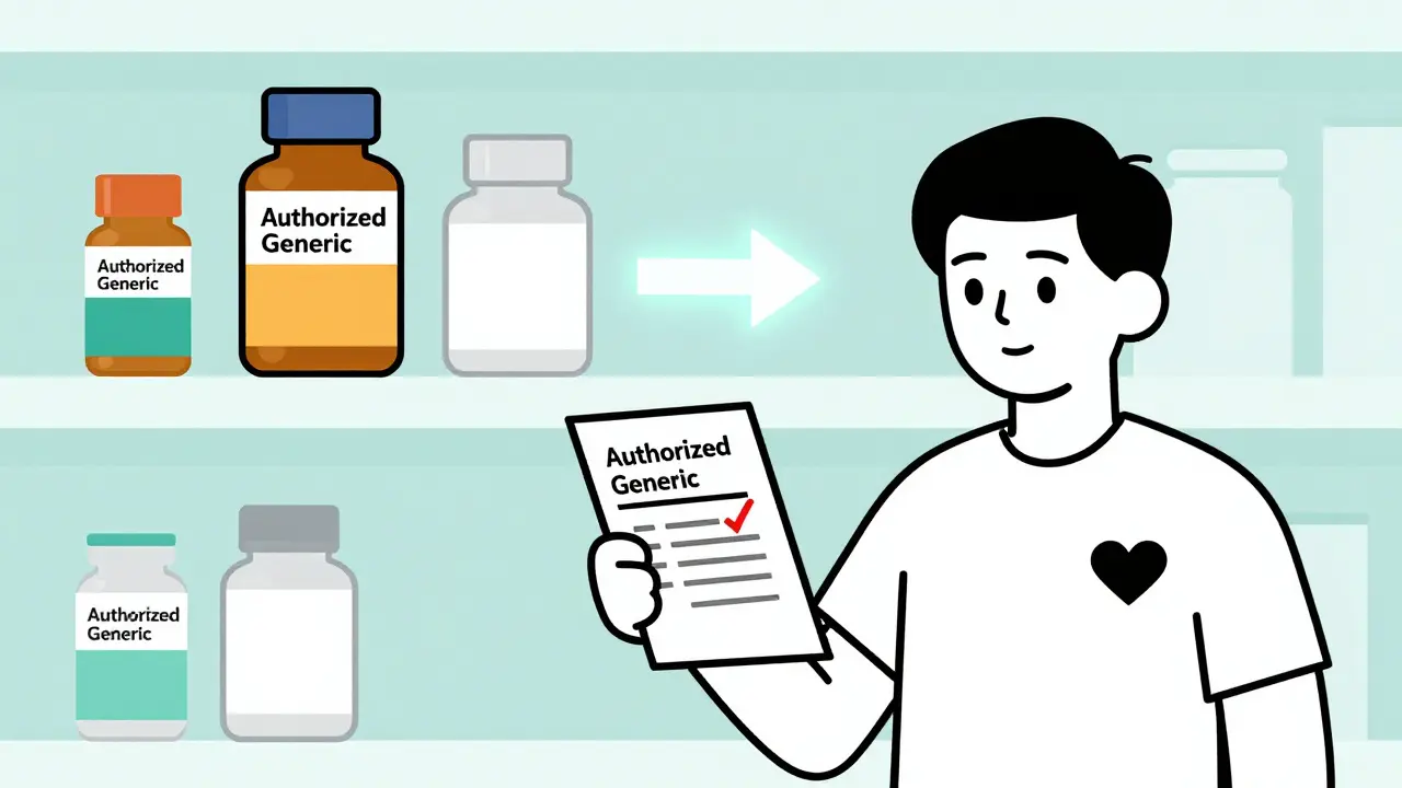 Patient selecting an authorized generic pill from a pharmacy shelf with clear visual distinction from other options.