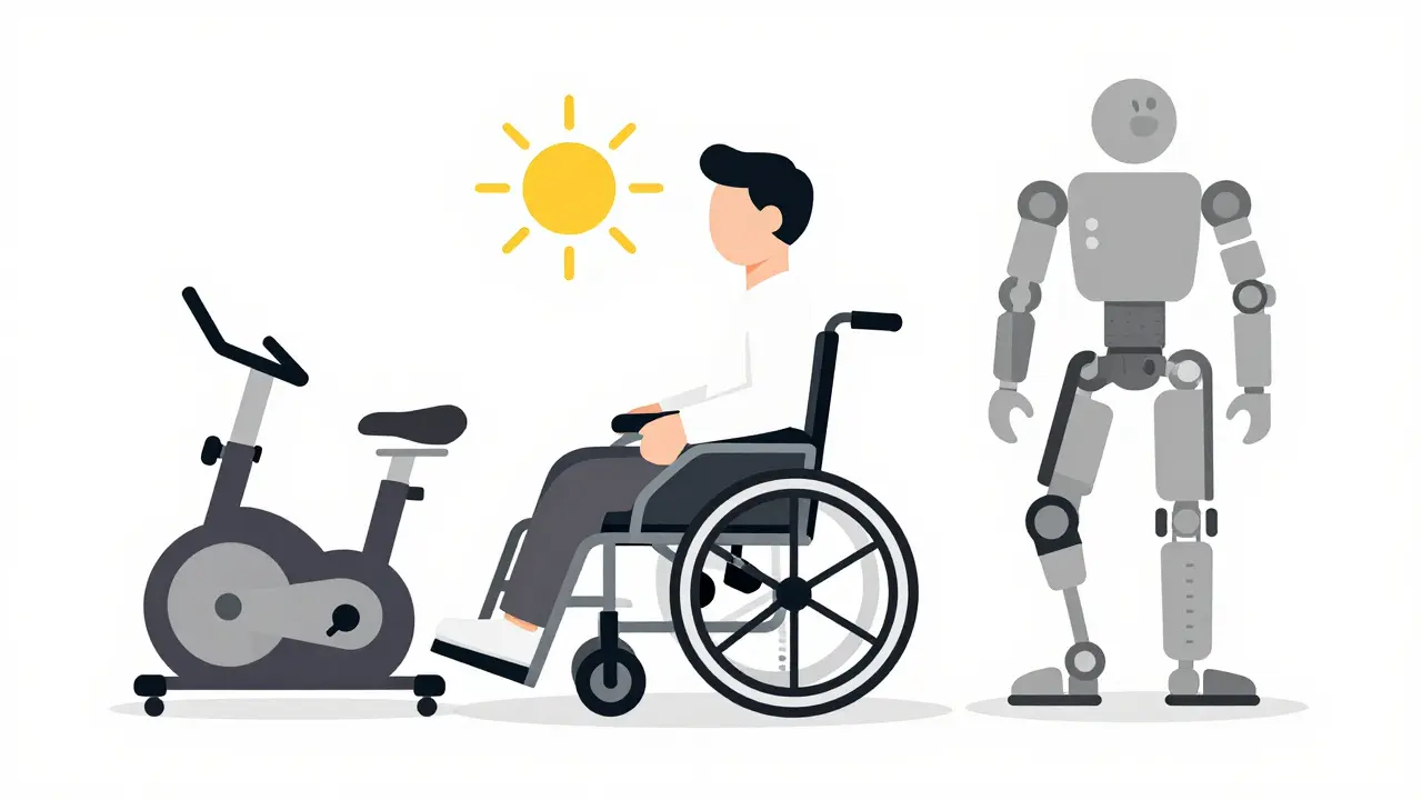 Person in custom wheelchair beside FES bike and exoskeleton, symbolizing mobility options and cost barriers.