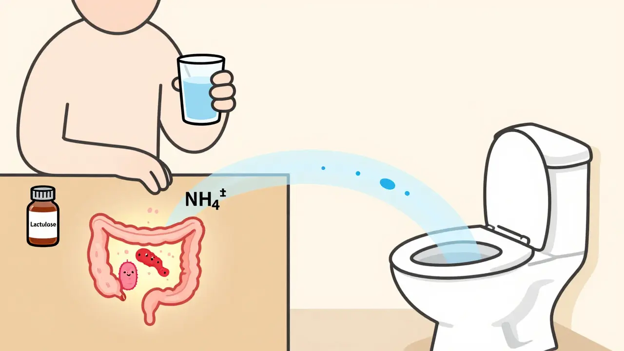 Person taking lactulose with gut bacteria converting ammonia into harmless ammonium.