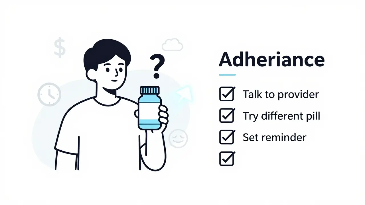 Person with pill bottle and floating barriers, guided toward adherence options like communication and reminders.