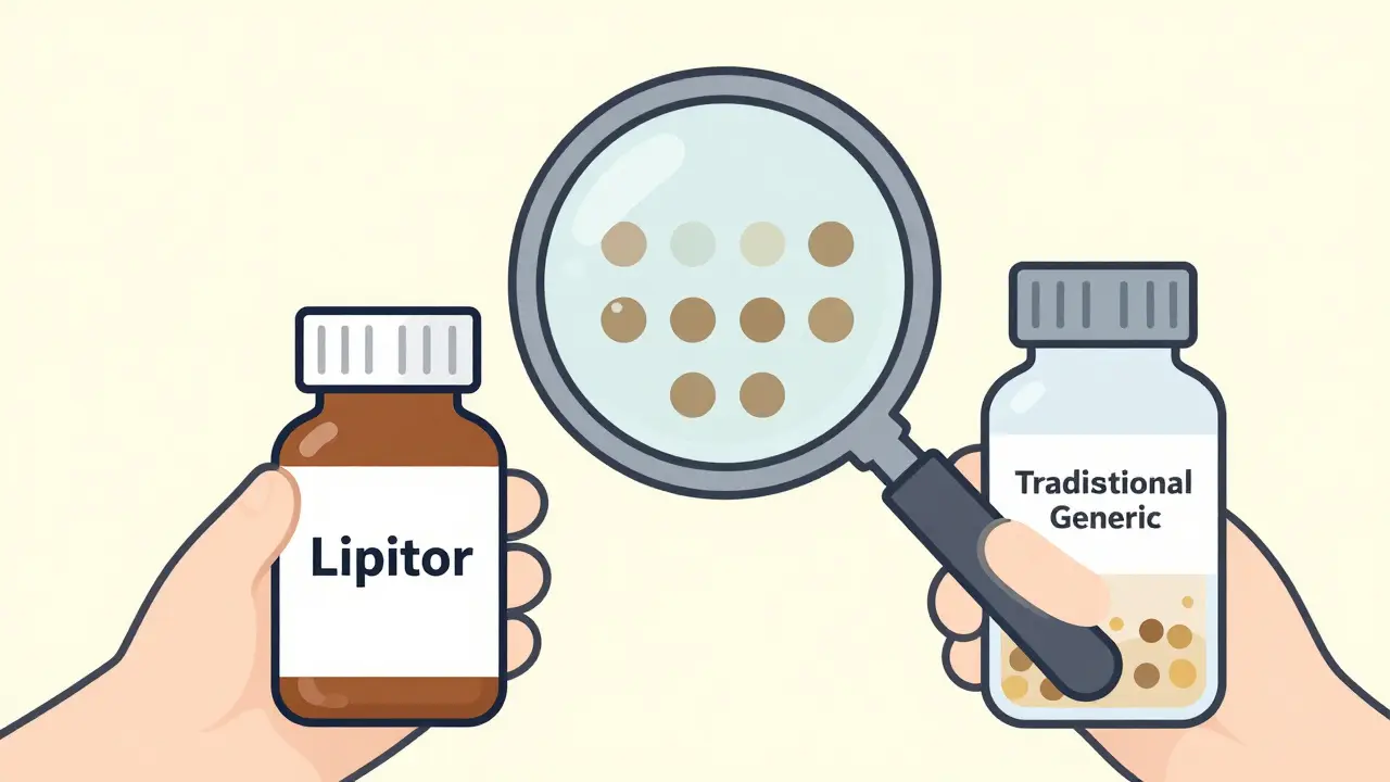 Pharmacist comparing two identical pills side by side, one from brand and one from authorized generic, with a magnifying glass revealing internal similarity.
