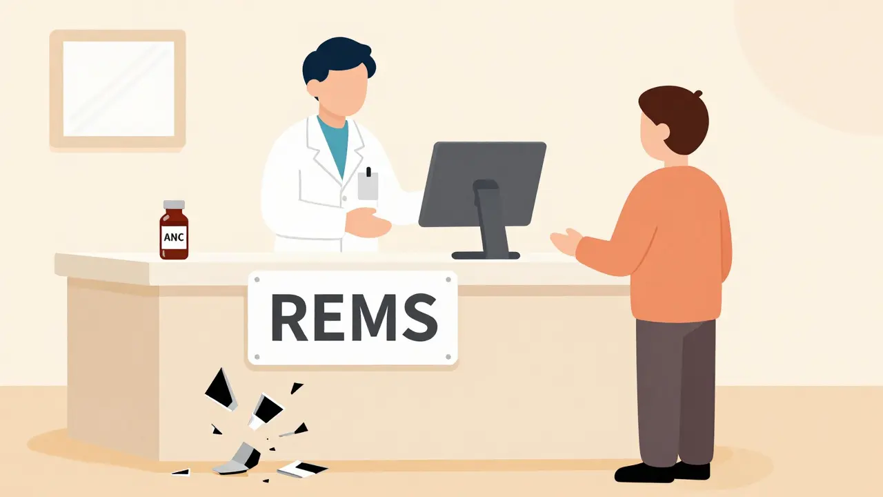 Pharmacist dispenses clozapine without REMS system, blood test visible
