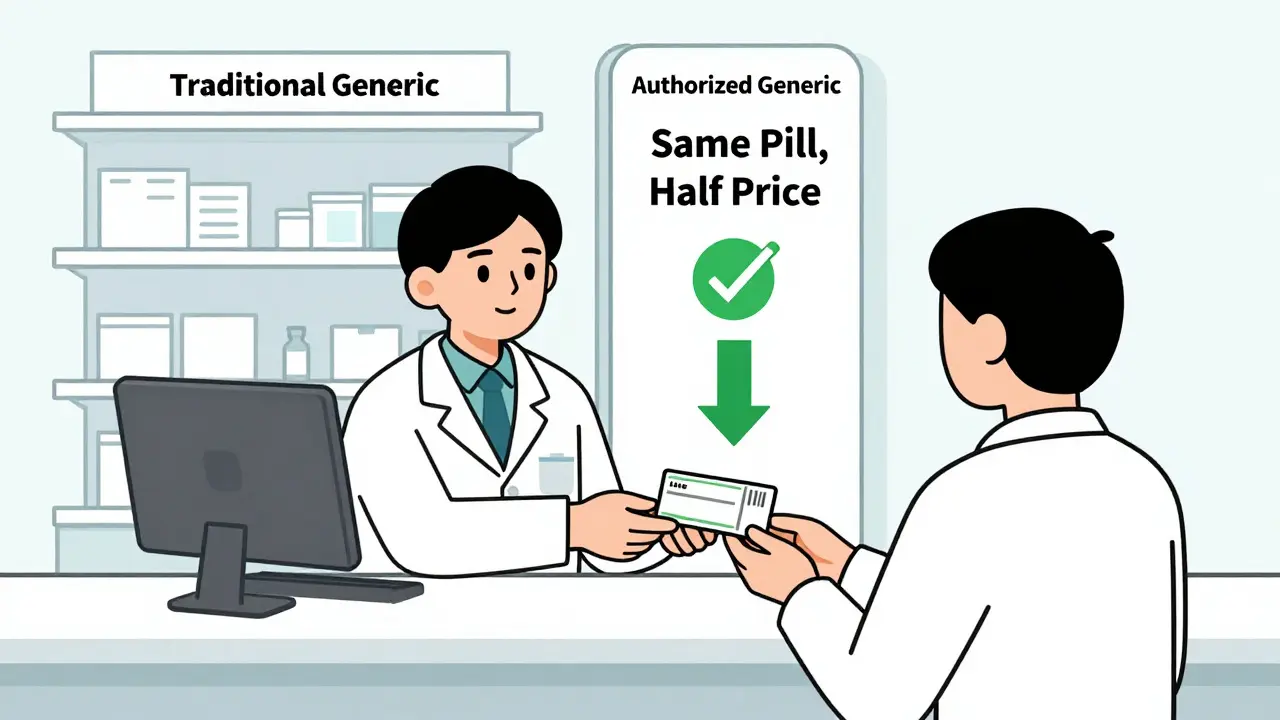 Pharmacist handing a prescription while comparing shelves labeled traditional and authorized generics with cost savings shown.