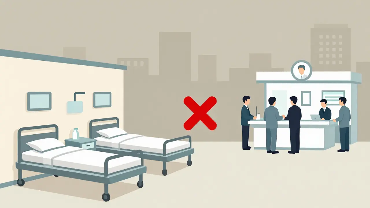 Rural hospital empty beds vs urban clinic contrast in minimalist style