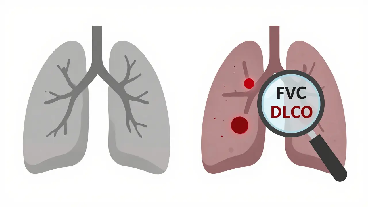 Side-by-side lung diagrams comparing normal and abnormal DLCO and spirometry results.