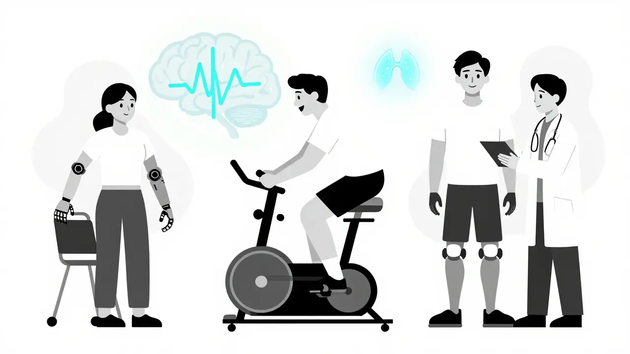 Three individuals thriving through rehab tech: painting, cycling, and standing with exoskeleton assistance.