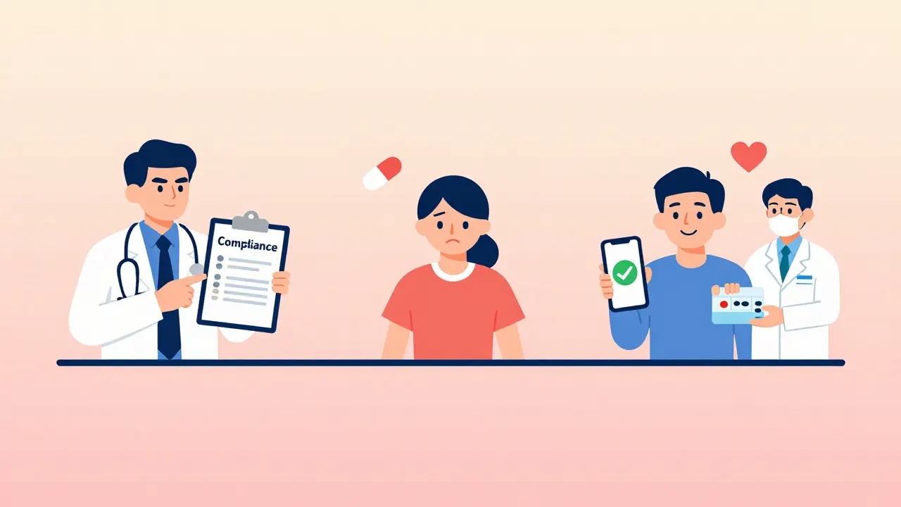 Timeline showing shift from compliance to adherence: patient empowerment through apps and provider support.